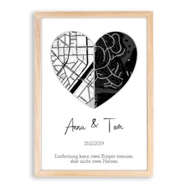Geschenk Geteiltes Herz Hochzeit Bild personalisiert mit Landkarten und Namen | schwarz weiss | beste Freundin bleibst du immer | Herz-Kunst für Paare, Mann & Frau | Geschenkideen