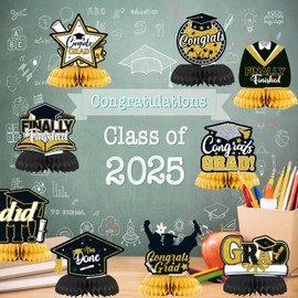 2025 Gold Themed Graduation Decorations Set, Congrats Grad Banner, Graduation Hanging Swirl and Honeycomb Supplies for Party