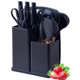 19 Pieces Kitchen Utensils and Knife Set with Block, with 9 Piece Silicone Cooking Utensils Set 5 Piece Sharp Stainless Steel Chef Knife Scissors Whisk Tongs and Cutting Board (Dark Black)