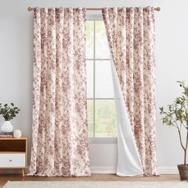 Jinchan - Cortina de lino con forro floral para sala de estar de 96 pulgadas de largo con estampado de flores de peonía rojas, bolsillo para barra trasera, cortinas con estampado de granja, juego de 2