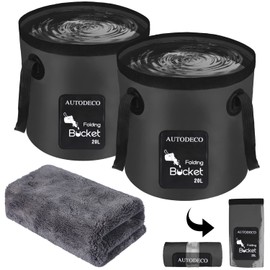 AUTODECO - Paquete de 2 cubos plegables de 5 galones, cubeta de agua plegable portátil para exteriores, viajes, camping, pesca, jardinería, lavado de coches, color negro, 20 litros