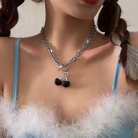 Cybche Boho Cherry Pendant Necklace Red Cherry Necklace Silver Paper Clip Chain Choker Necklace Cherry Fruit Necklace Toggle Clasp Chain Necklace Jewellery for Women, Zinc, No Gemstone