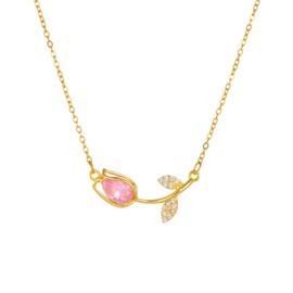 Generic 14k Yellow Gold Pink Zircon Tulip Pendant Necklace, Women's Elegant Choker, Collar De Tulipn, Tulip Jewelry