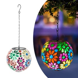 Dreamskip Colorful Solar Hanging Lanterns Glass Mosaic Gazing Ball Globe Hanging Lantern Lights Outdoor Waterproof for Patio Garden Yard Home Decor (Flowers)