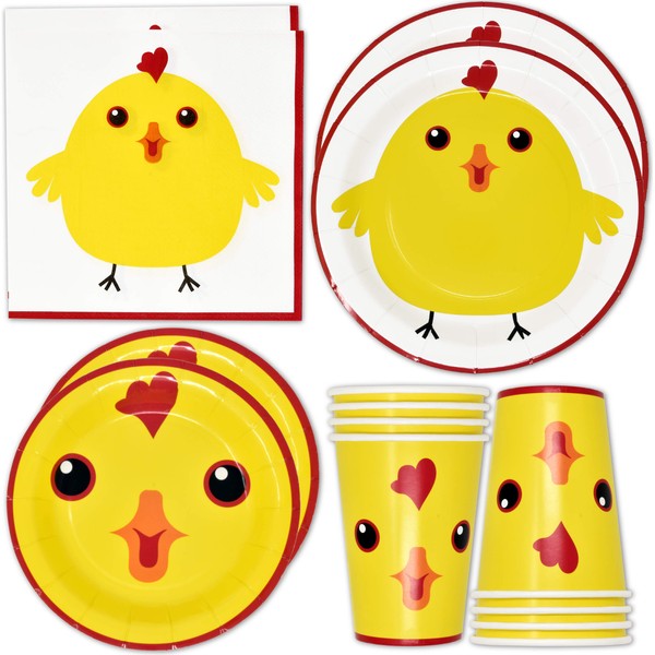 Chicken Farm Animal Barn Party Supplies Set 24 9" Plates 24 7" Plate 24 9 Oz Cup 50 Lunch Napkin for Yellow Chickens Barnyard Cowboy Cowgirl Farmhouse Birthday Baby Shower Disposable Tableware Decor