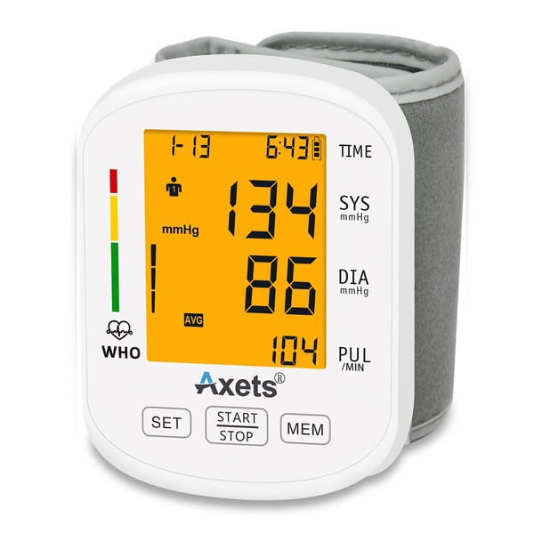 Axets Blood Pressure Monitor Wrist Fully Automatic Blood Pressure and Pulse Measurement, Arrhythmia Warning Function, 2 x 99 Memory, LCD Display, Adjustable Cuff (White)