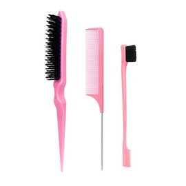 Slick Back Hair Brush Set Bristle Hair Brush Teasing Comb For Women Hair,Bristle Hair Brush Used to Remove Hair And Debris 3Pcs(Pink)