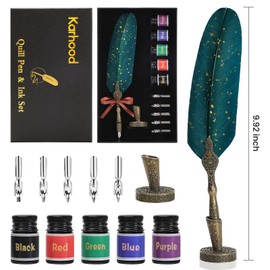 Karhood Feather Quill Pen and Ink Set - Antique Calligraphy Dip Pen with Ink, 5 Replacement Nibs and Pen Stand Base for Beginners Writing (Green)