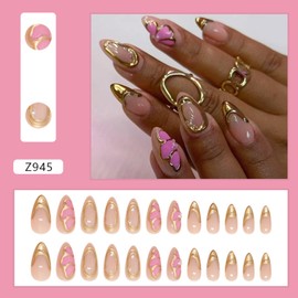 Vopintpy Gold Irregular French Tip Press on Nails Long Almond Fake Nails with Pink Flower Acrylic Nails Glossy Artificial Glue on Nails Reusable Full Cover Stick on Nails for Women DIY Charm Nail