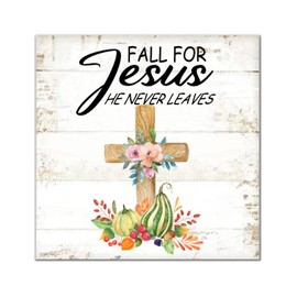 Fall for Jesus He Never Leaves Wood Signs Classic Pumpkin Cross Sunflower Maple Leaves Wall Plaque Harvest Thanksgiving Wall Decor Farmhouse Rustic Wooden For Office Bedroom Living Room Home 12x12in