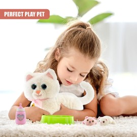 The Magic Toy Shop Interactive Cat Toy with Kittens & Milk Bottle - White Plush Toy Cat, Singing & Talking Sounds, Voice Recorder, Empathy-Boosting Play - Interactive Pets for Kids & Family Fun