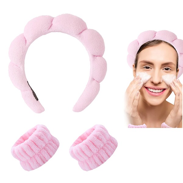 Spa Headband and Wristband Scrunchies for Washing Face, Terry Cloth Towel Head Band for for Makeup Removal, Shower (Pink)
