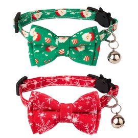 ADOGGYGO Christmas Cat Collar Breakaway with Bowtie Bell - 2 Pack Christmas Kitten Collar Santa Snowflake Kitten Collar with Removable Bowtie Cat Bow tie Collar for Kitten Cat (Christmas)