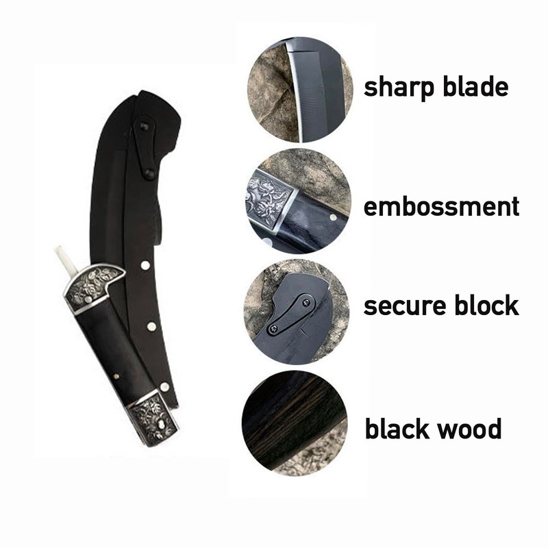 Folding Sickle, Two Section Foldable Scythe with Wooden Handle, Sheath,