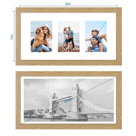 Hongkee 10x20 Picture Frame Set of 2, Natural Oak Wood Frame with Tempered Glass Collage Frame, Display Pictures Three 5x7 With Mat or 10 x 20 Without Mat - Horizontal or Vertical Wall Mounting