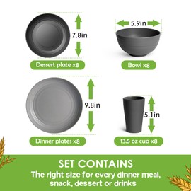 Teivio 32-Piece Kitchen Plastic Wheat Straw Dinnerware Set, Service for 8, Dinner Plates, Dessert Plate, Cereal Bowls, Cups, Unbreakable Plastic Outdoor Camping Dishes, Gray Ombre