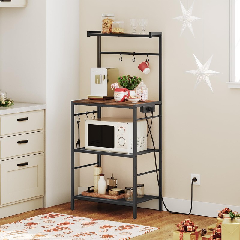 MAHANCRIS Bakers Rack with Power Outlet, Kitchen Storage Shelf with