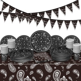 123 Pcs Western Cowboy Party Decoration Include 1 Plastic Paisley Print Tablecloth 2 Bandana Pennant Banner 60 Disposable Paper Plates 30 Cups and 30 Napkins for Western Cowboy Theme Party (Black)