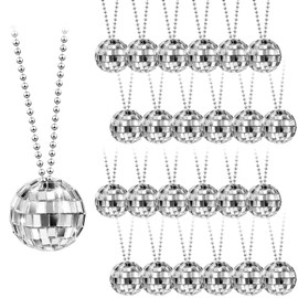 Kigeli 36 Pcs Mirror Disco Ball Costume Necklaces 70s Disco Party Necklaces 1.18 Inch Silver Disco Ball Necklaces for 60s 70s Disco Party Decorations Disco Party Favors Stage Game Accessories