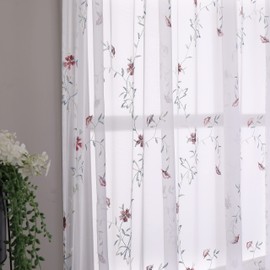 Taisier Home Floral White Sheer Curtains Flower Print Vine Embroidery Bedroom Curtain Rod Pocket Voile Window Curtains for Living Room, 52 x 45 inches Long, Set of 2 Panels,Red Buds with Green Branch