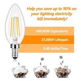 Brightever E12 LED Candelabra Bulbs 40 Watt Equivalent, 4W Vintage Candle Light Bulbs Non-Dimmable, 470Lm Warm White 2700K B11 Edison Bulbs, Filament Clear Glass Lamp Bulbs for Chandelier Ceiling Fan(20 Packs)