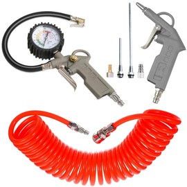 QiLeeCar 7-Piece Multi-Purpose Air Compressor Accessory Kit, Air Blow Gun and Extendable Air Nozzles, 5 Meter Long PU Air Hose, 100PSI Tire Pressure Gauge with Inflator, 1/4" NPT Air Coupler