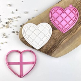 LissieLou Patchwork Heart Cookie Cutter and Stamp Valentine's Day Icing Stamp Fondant Embosser - Pink