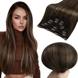 Full Shine Dark Brown Clip In Extensions Human Hair, Ombre Darkest Brown o Light Blonde Remy Human Hair Clip In Extensions, Silky Straight Natural Hair Extensions for Full Head 14 Inch 7 Pcs 120G