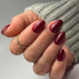 Burgundy Nails Press on, Dark Red Short Oval Round Press on Nails, SXVME Winter Glue on Nails Short Almond Fake Nails, Thick Acrylic False Nails, Glossy Solid Colored Stick on Nails for Women 24Pcs