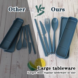 Large Reusable Travel Cutlery Set with Case, Plastic Cutlery for Adults Lunch Accessories, Portable Camping Travel Utensil with Chopsticks for Daily Use(Dark Blue)