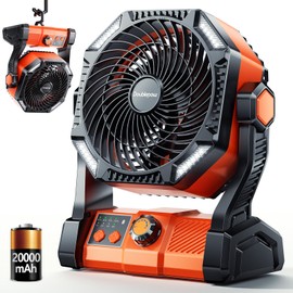 Camping LED Fan with Light, 20000mAh Rechargeable Battery Powered Outdoor Tent Fan with Light and Hook, 6 Speed, Personal USB Desk Fan for Camping, Fishing, Power Outage,Hurricane, Worksite