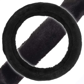 BDK Faux Fur/Wool/Sheepskin Steering Wheel Cover for Women - Soft, Fluffy, and Warm, Great for Winter, Black, 14.5-15 inch