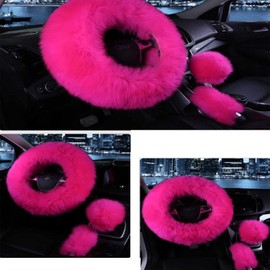 SPANICE 3 Pcs Car Steering Wheel Cover & Handbrake Cover & Gear Shift Cover Set Faux Wool Warm Winter (Rose Red)
