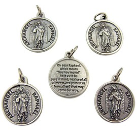 Lot of 5 Archangel Saint Raphael 7/8-inch Silver Tone Medal with Prayer on Back by Lumen Mundi
