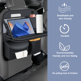 Back Seat Car Organizer with Fold-Out Tray - Upgraded Nappa Leather, with Travel Tray for Kids, Including Tissue Dispenser & Waterproof Pockets, Mainly Suitable for Autos and SUVs, Black (1)