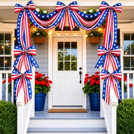 Knitgrip 10ft Patriotic Red White and Blue Outdoor Decorations Bunting Bow Garland with 4th of July 4 Large Bows Patriotic Porch Decor American Flag 250th Banner for Independence Day Wall Stair