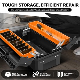 Auto Dynasty Tool Box Set Portable 2-layer Folding Toolbox with Non-slip Handle Tray for Garage, Workshop and On-the-Go Repairs, Orange/Black
