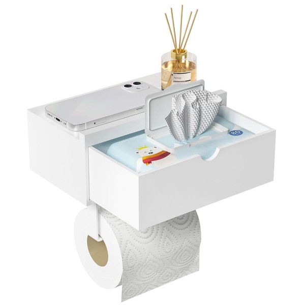 Domax White Toilet Paper Holder with Shelf - Wall Mount/Adhesive