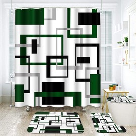 ArtSocket Geometric Green and Gray Bathroom Set with Shower Curtain Rugs Accessories, Black and Gray Modern Military Shower Curtain, Green Bathroom Decor 4 Pcs