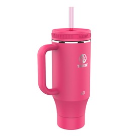 Takeya Straw Tumbler with Handle - Beverage Tumbler for Coffee, Water & More - Durable Tumbler with Built-In Silicone Coaster & 2 Straws - Double Stainless Steel Insulation - 40 oz, Dragon Fruit