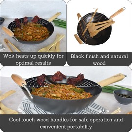 IMUSA 7pc Carbon Steel Nonstick Wok Set with Bamboo Kitchen Tools, Black