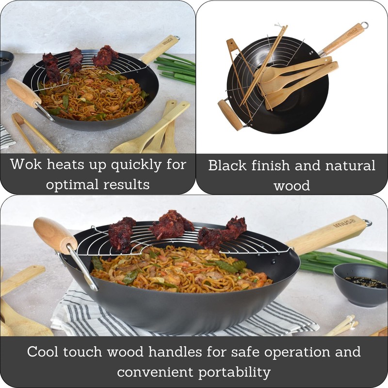IMUSA 7pc Carbon Steel Nonstick Wok Set with Bamboo Kitchen