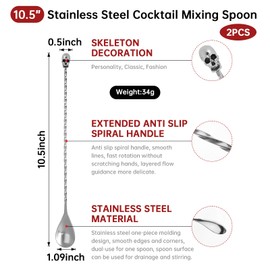 2Pcs 10.5 inches 3D Skull Curvy Design with bar Cocktail Spoon Stainless Steel Bar Tool Bar Accessories Bar Spoon Long Spoon Cocktail Mixer (2)