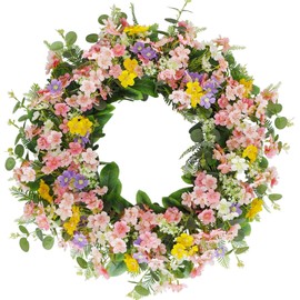BINFEN Faux Silk Cherry Blossom Flower Spring Summer Easter Wreath 24-26" for Front Door – Pink Purple Yellow Plum Blossom Green Eucalyptus Leaves – Farmhouse Front Porch Decor, Outdoor Indoor Use