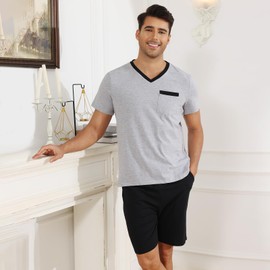 TeJoyce Mens Pyjamas Set Cotton Short Sleeve 2 Piece Pjs Loungewear Shorts Pyjamas for Men V-Neck Summer Nightwear with Pockets Grey