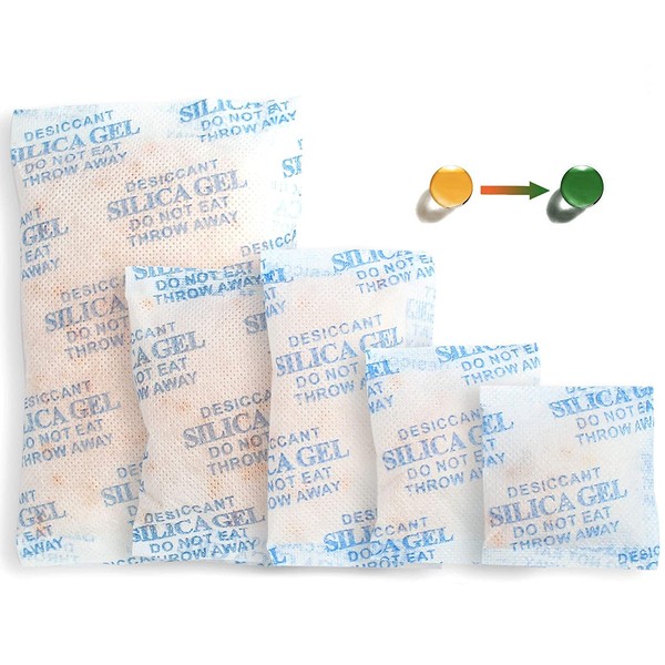 LotFancy 100 sachets de gel de silice déshydratant mélangés de 3/5/10/20/50 g absorbeurs d'humidité sûrs pour le stockage au sec, non toxique, sans odeur, avec la couleur orange indiquant