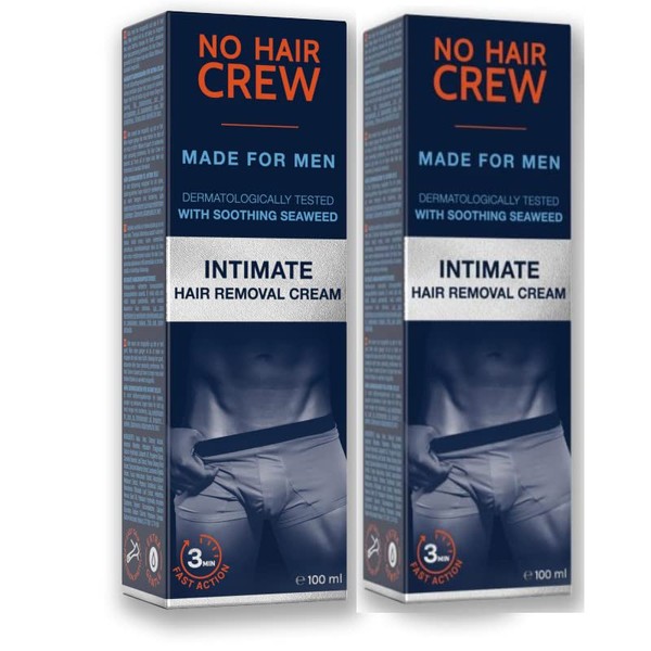 Duo NO HAIR CREW – Lote de 2 Cremas Depilatoria Íntima Premium - Bote de 100 ml cada uno - Hecha Para Hombres - Extra suave con la piel - Sin riesgo de cortes - 24 horas de hidratación
