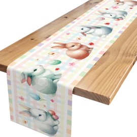 Easter Table Runner,Pink Green Plaid Bunny Table Runner Spring Kitchen Dining Table Decoration for Home Party Decor Indoor Outdoor 13x72 Inch