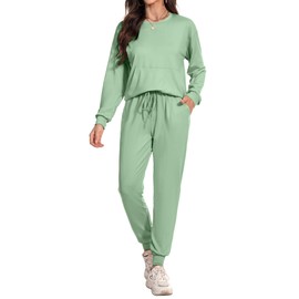 Totatuit 2 Piece Outfits Women's Tracksuits Casual Soft Cotton Ladies Loungewear Set Summer Long Sleeve Top and Bottoms Full Set for Sport Fruit Green M