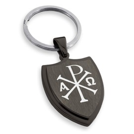 Tioneer Gunmetal Stainless Steel Chi Rho Alpha Omega Shield Keychain Keyring